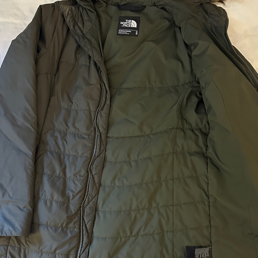 The North Face Olive Green Quilted Hooded Parka with Faux Fur Trim - Picture 3 of 5
